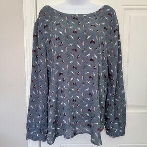LOFT Long Sleeve Blouse Gray With Feathers Print Back Of Neck Twist Detail Large
